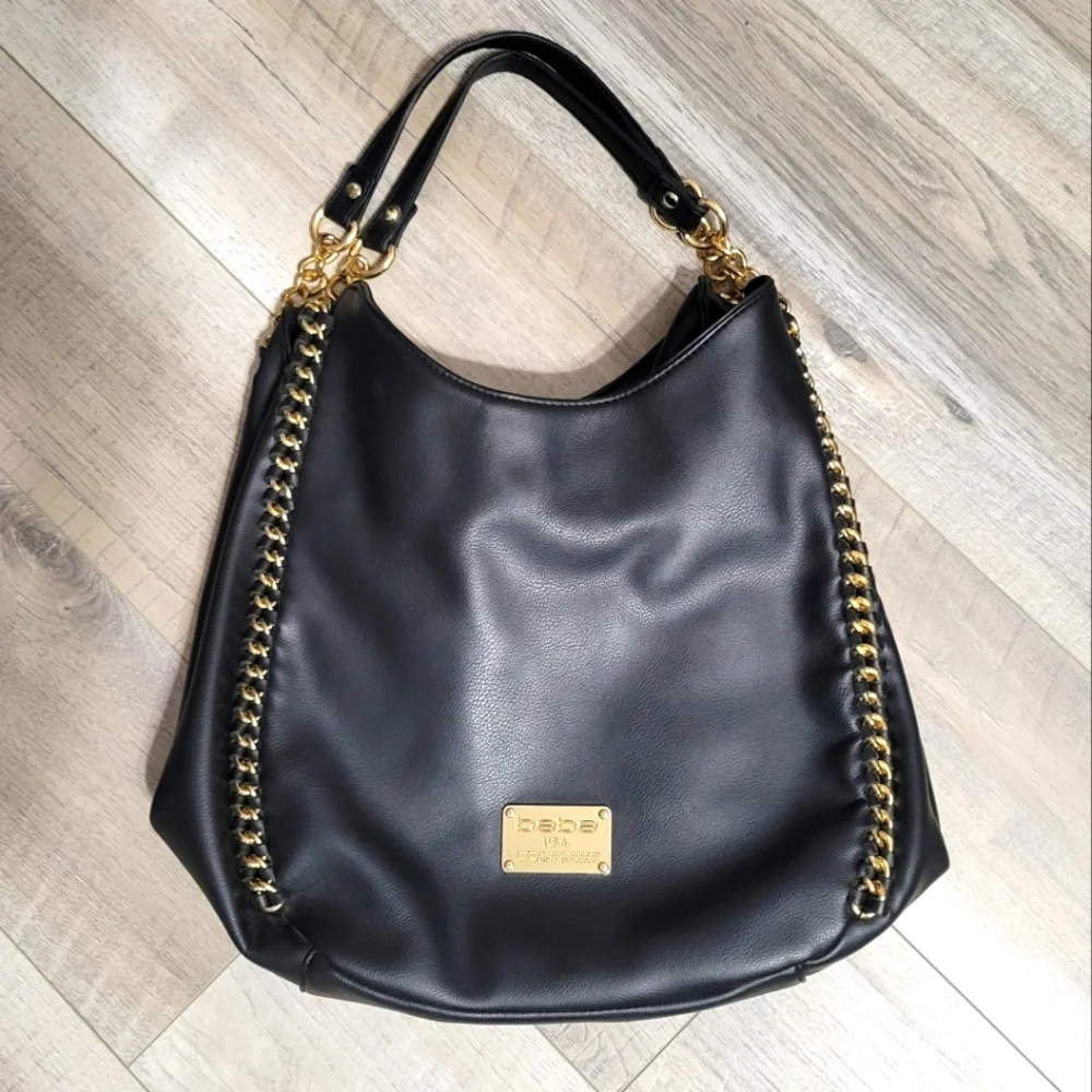 Bebe Colette Triple Entry Black Hobo Bag/Satchel Gold Chainlink Hobo Bag